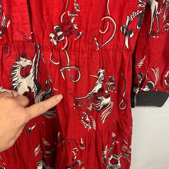 Vintage Circle T Rodeo Motif Midi Dress Size 16 Red Black  Bronc Ride - Picture 10 of 12